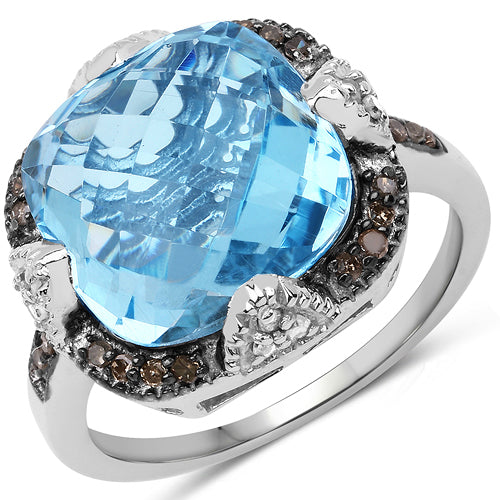 8.29 Carat Genuine Swiss Blue Topaz, Champagne Diamond and White Diamond .925 Sterling Silver Ring on sale at MyriadMart