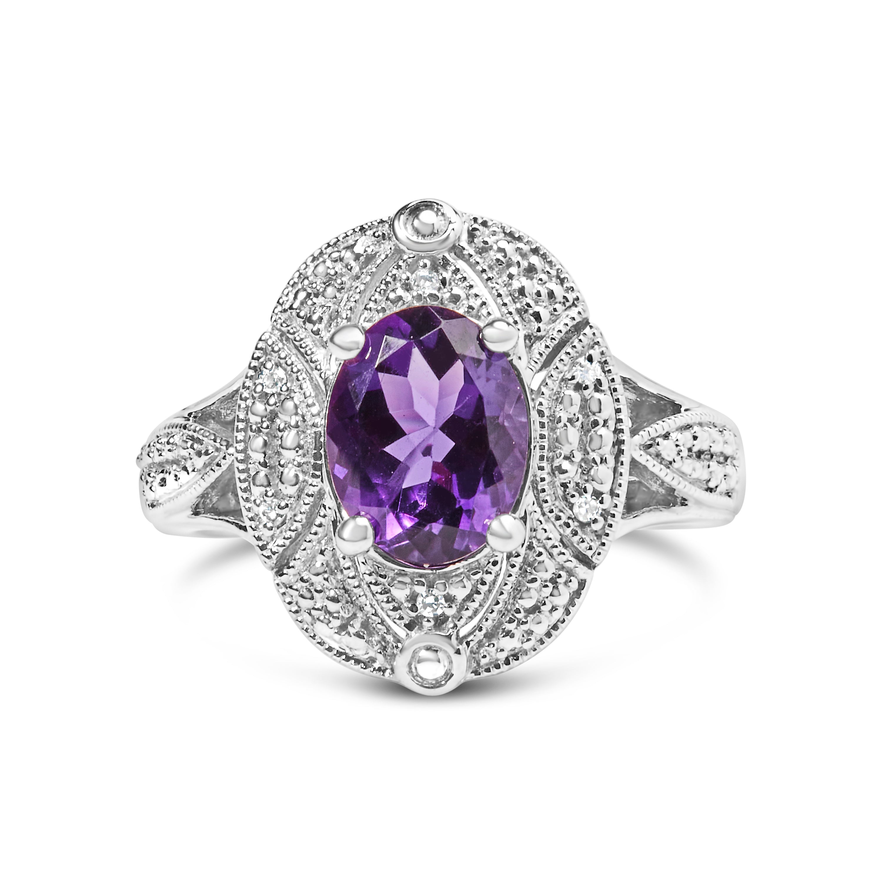 .925 Sterling Silver 9x7mm Oval Purple Amethyst and Diamond Accent Art Deco Style Cocktail Ring I-J Color, I1-I2 Clarity - Size 6 on sale at MyriadMart