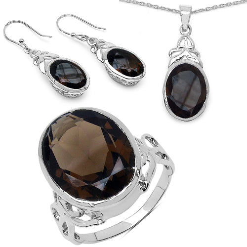 26.52 Carat Genuine Smoky Quartz .925 Sterling Silver Ring, Pendant and Earrings Set