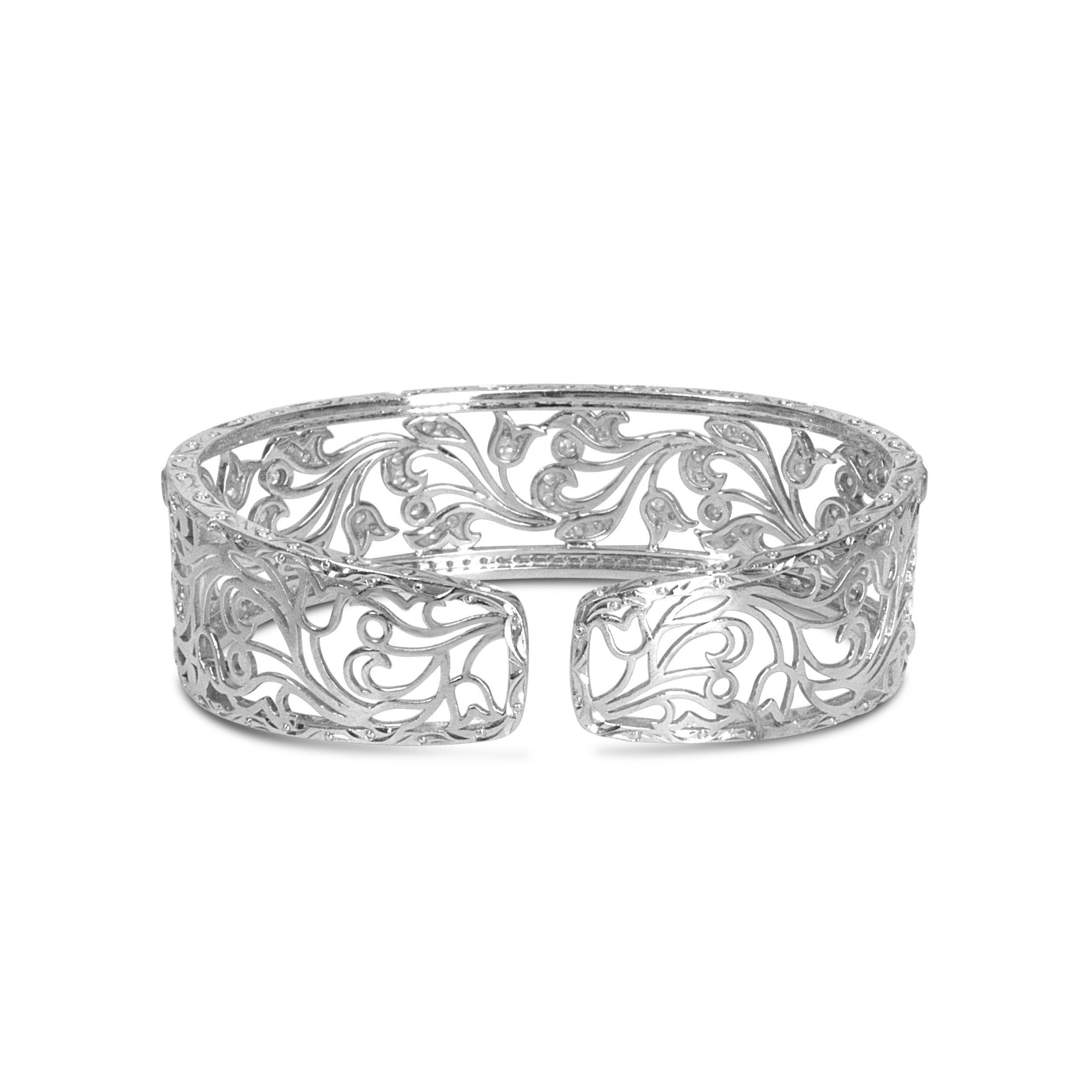 18K White Gold 3 1/4 Cttw Pave Diamond Openwork Floral Filigree Swirl Bangle Cuff Bracelet (H-I Color, VS2-SI1 Clarity)