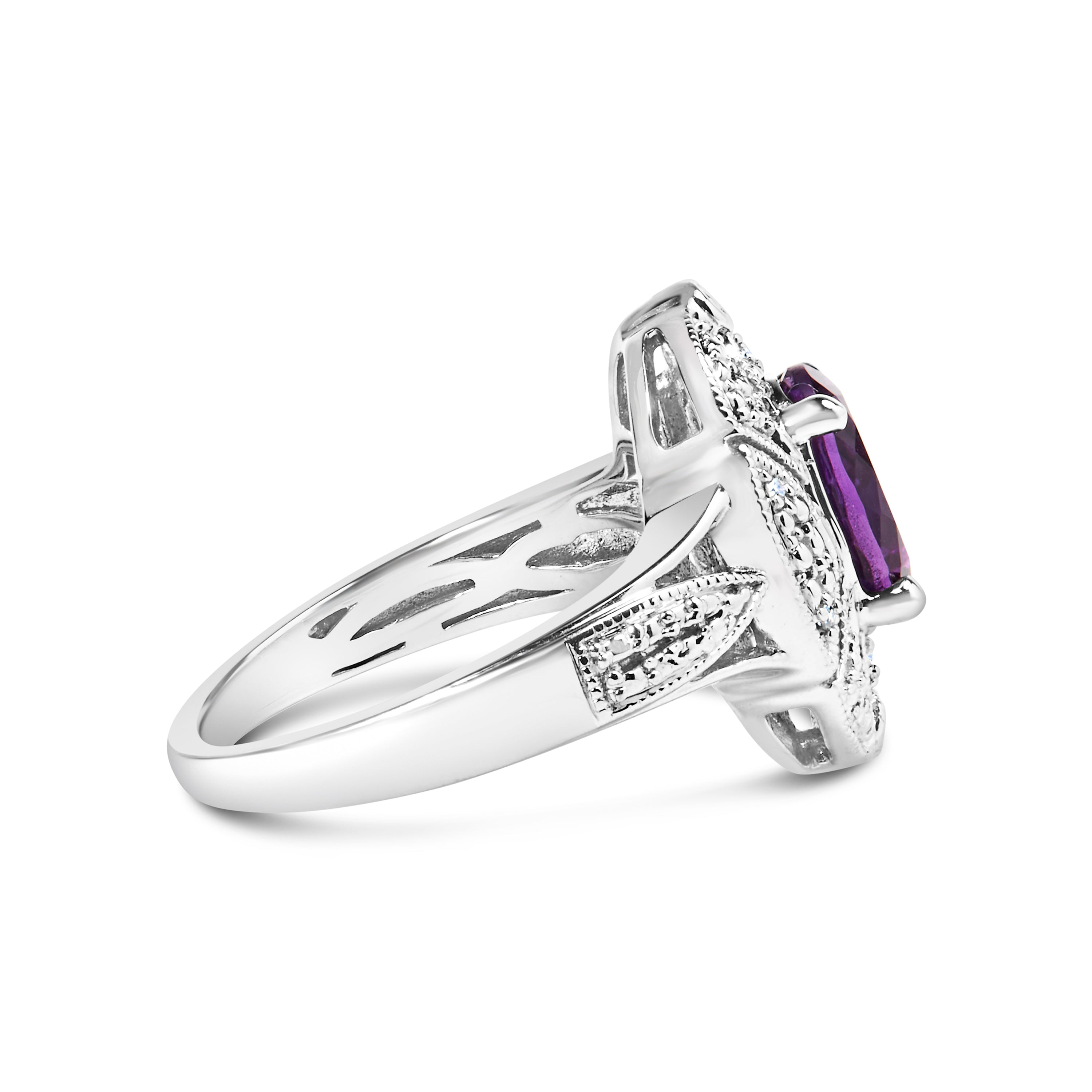 .925 Sterling Silver 9x7mm Oval Purple Amethyst and Diamond Accent Art Deco Style Cocktail Ring I-J Color, I1-I2 Clarity - Size 6 on sale at MyriadMart
