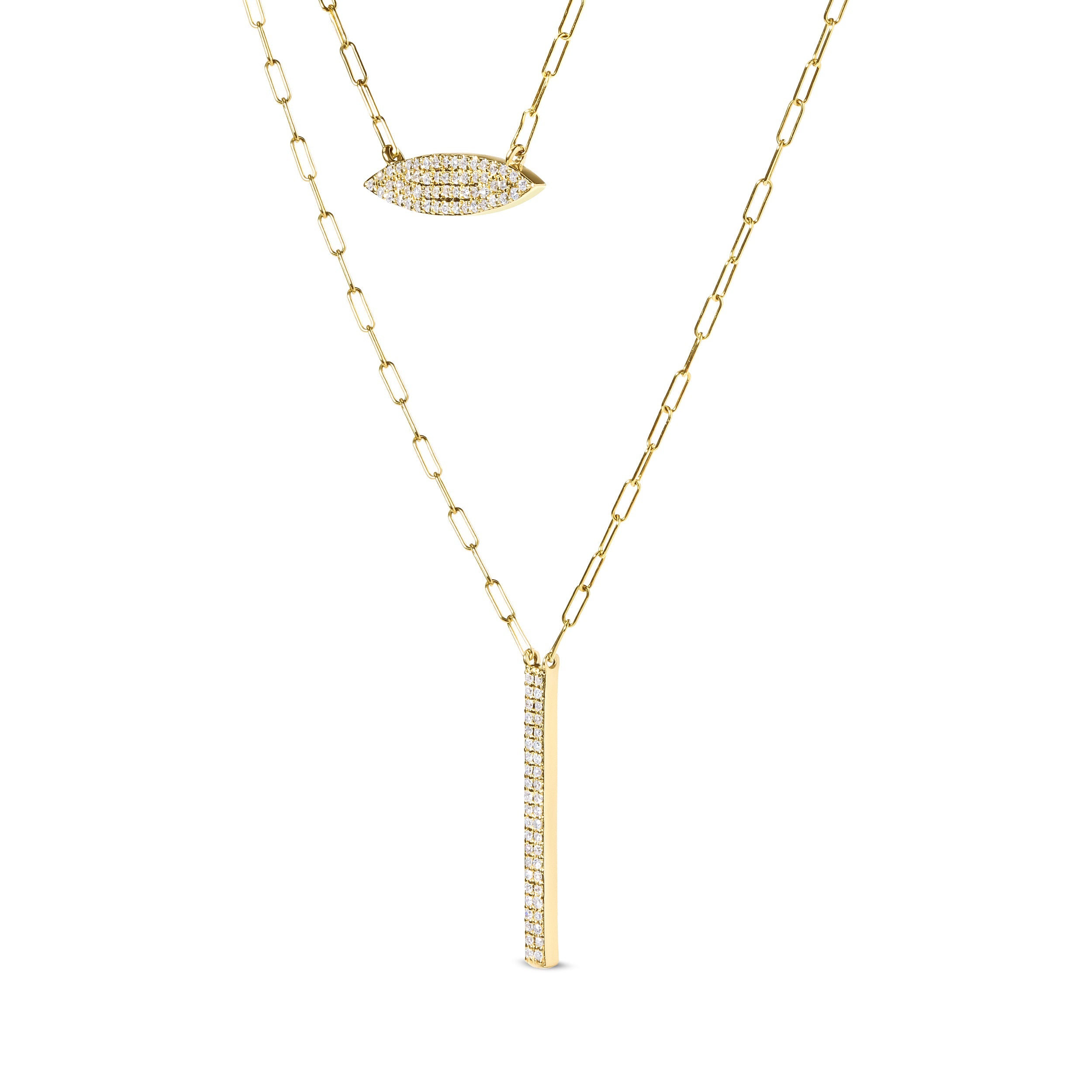 14K Yellow Gold 3/8 Cttw Two-Strand Marquise and Bar Charm Paper Clip Link Pendant Necklace I-J Color, I1-I2 Clarity -18" and 20" Inch Lengths on sale at MyriadMart
