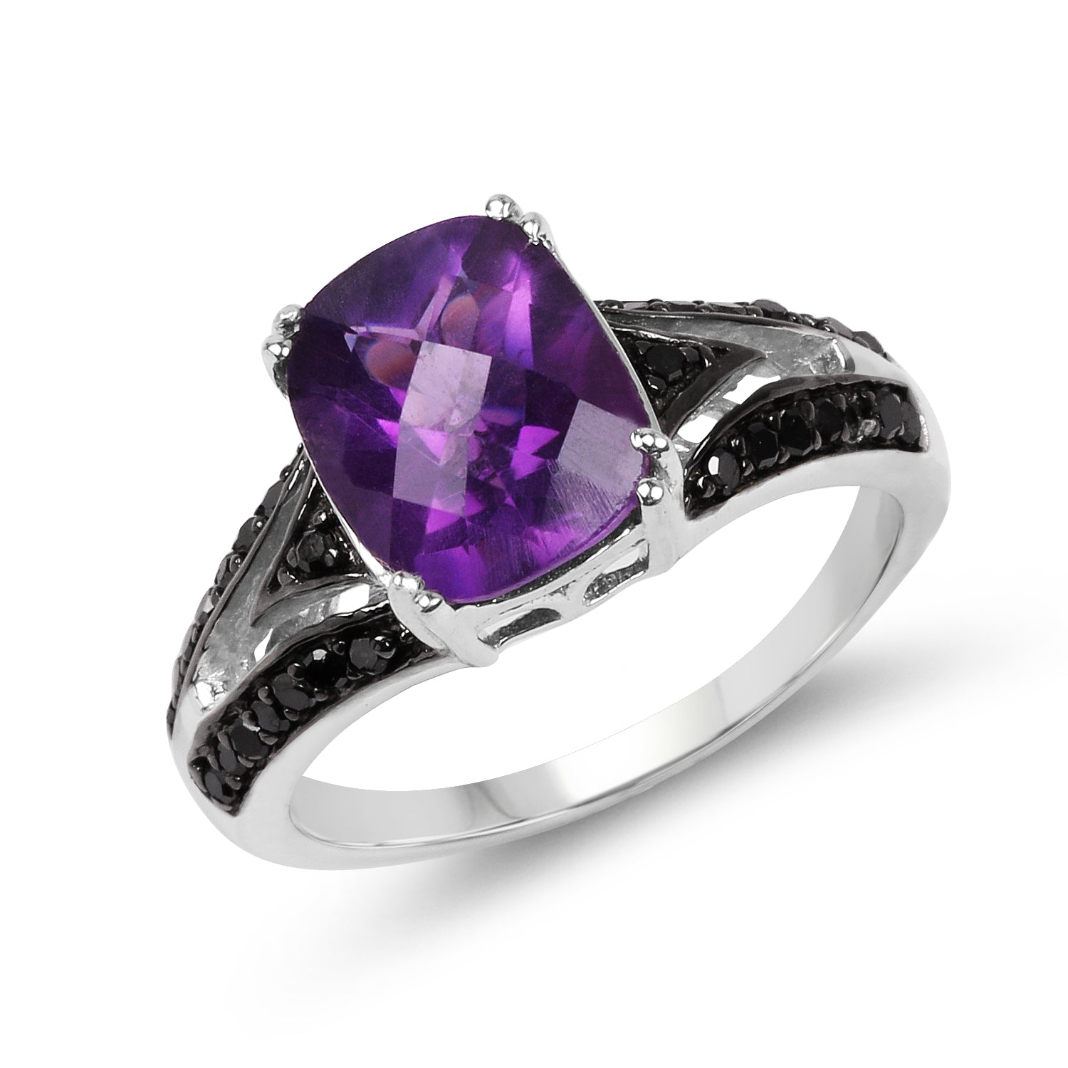 2.87 Carat Genuine Amethyst and Black Diamond .925 Sterling Silver Ring on sale at MyriadMart