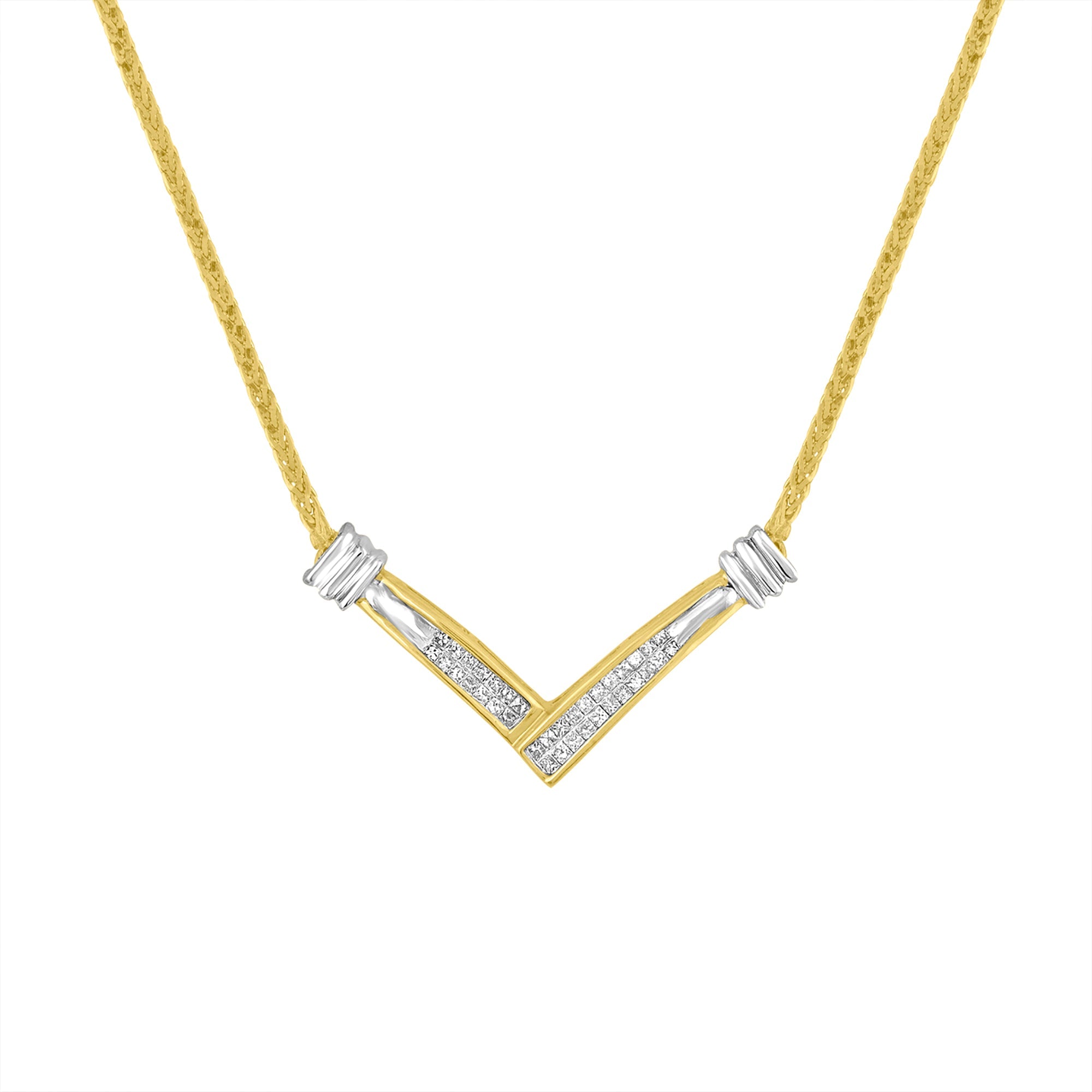 14K Yellow and White Gold 1/4 Cttw Princess Cut Diamond Channel-Set “V†Shape 18" Pendant Necklace H-I Color, SI2-I1 Clarity on sale at MyriadMart