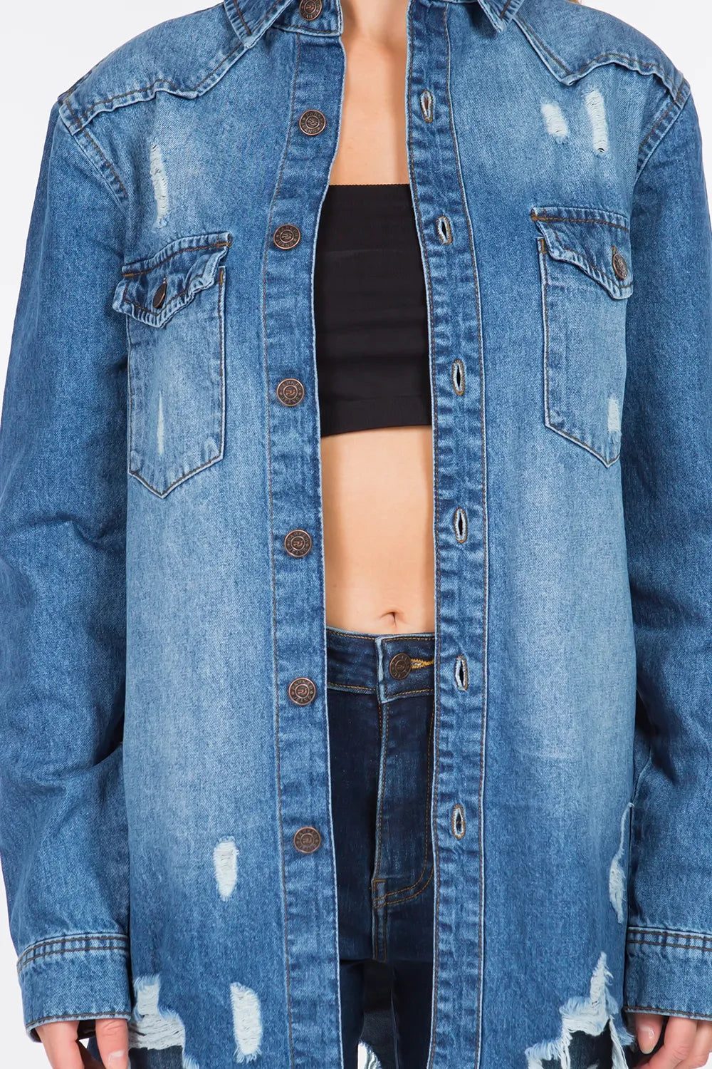 American Bazi Distressed Frayed Hem Denim Jacket - MyriadMart