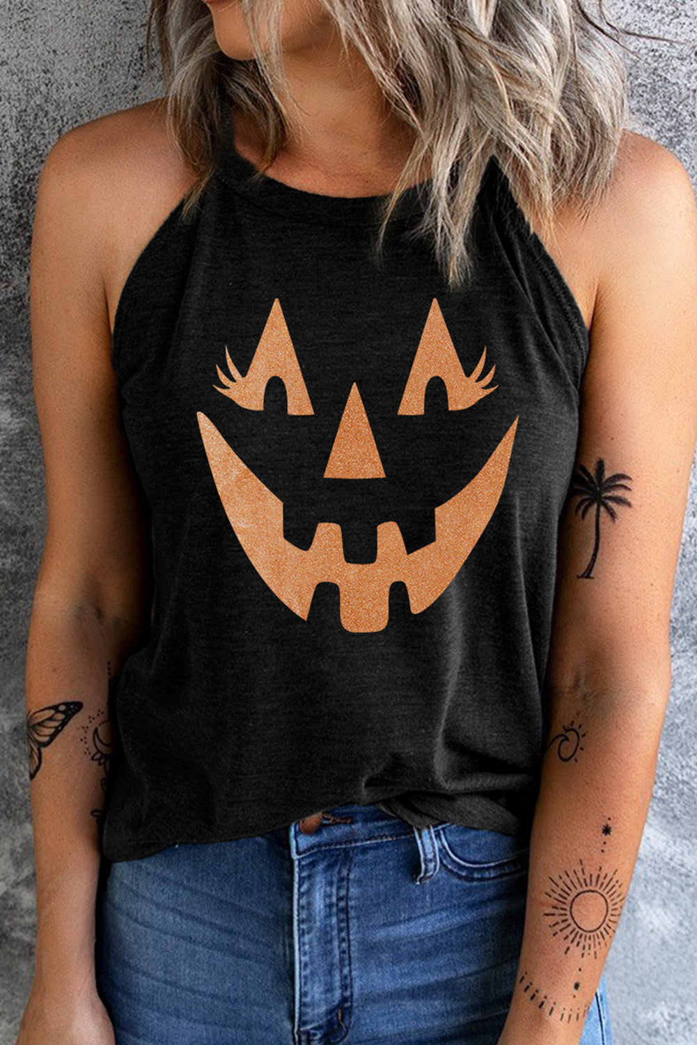 Round Neck Jack-O'-Lantern Graphic Tank Top - MyriadMart