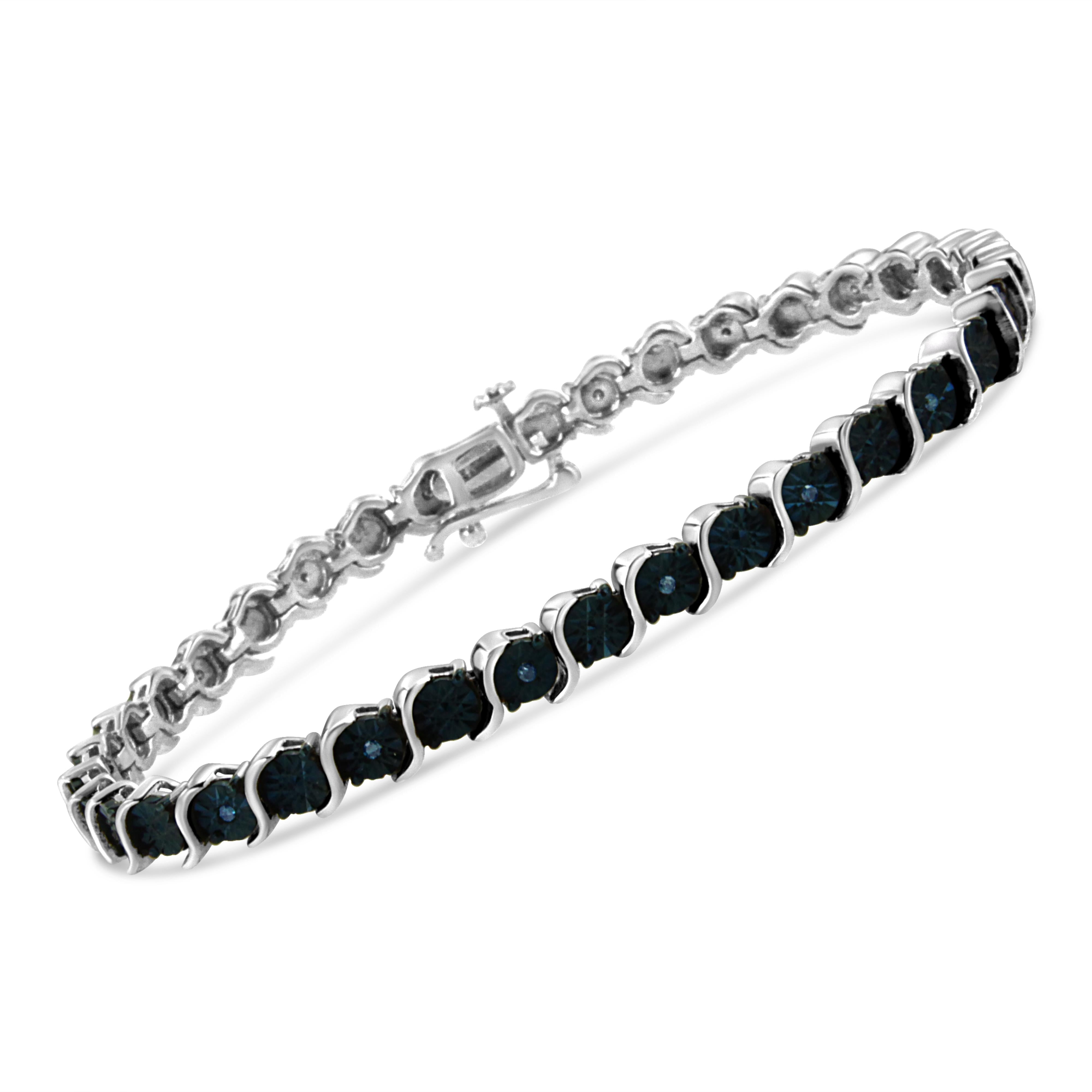 .925 Sterling Silver 1/10 Cttw Miracle-Set Treated Blue Color Diamond Miracle Plate "S" Link Tennis Bracelet Blue Color, I2- I3 Clarity - 7.25" on sale at MyriadMart