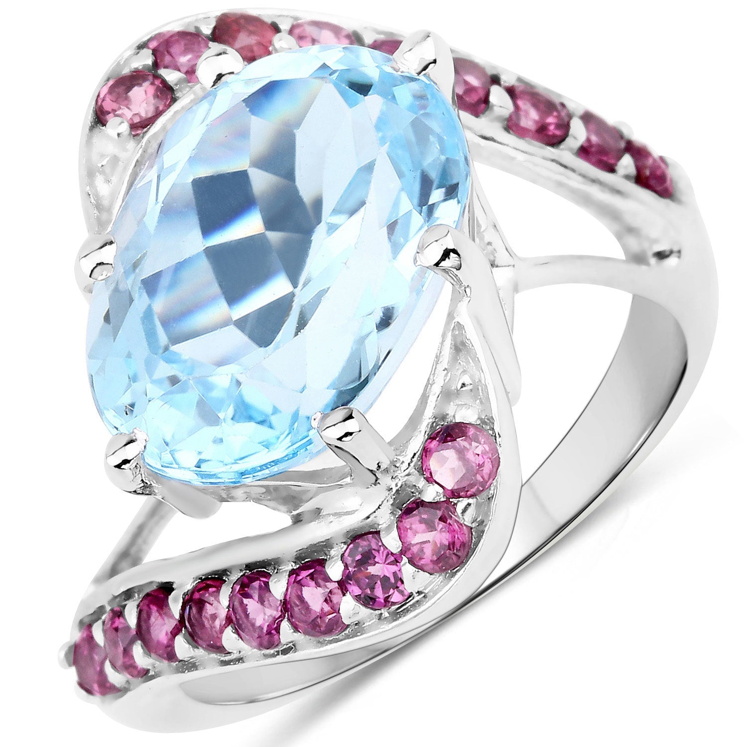 8.40 Carat Genuine Blue Topaz and Rhodolite .925 Sterling Silver Ring on sale at MyriadMart