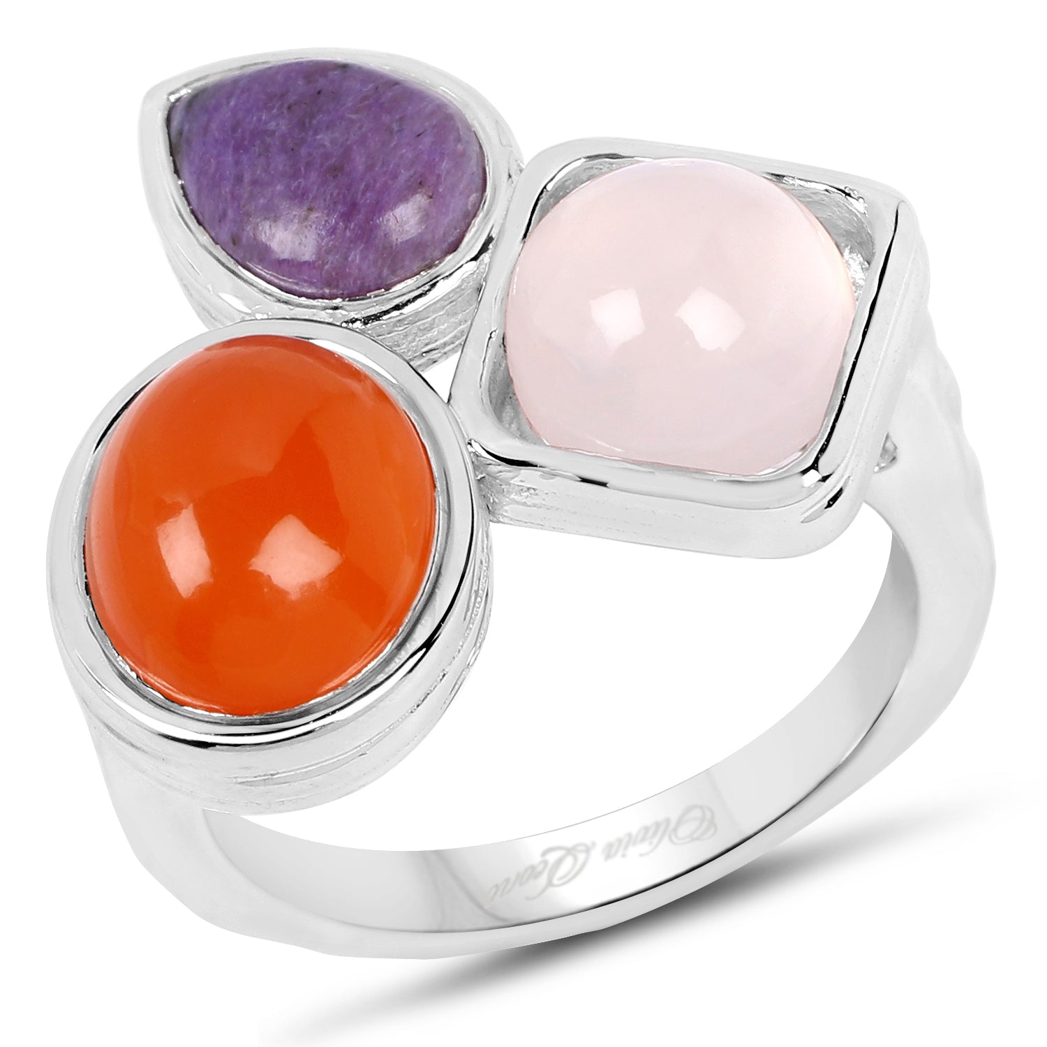 5.21 Carat Genuine Rose Quartz, Carnelian And Charolite .925 Sterling Silver Ring on sale at MyriadMart