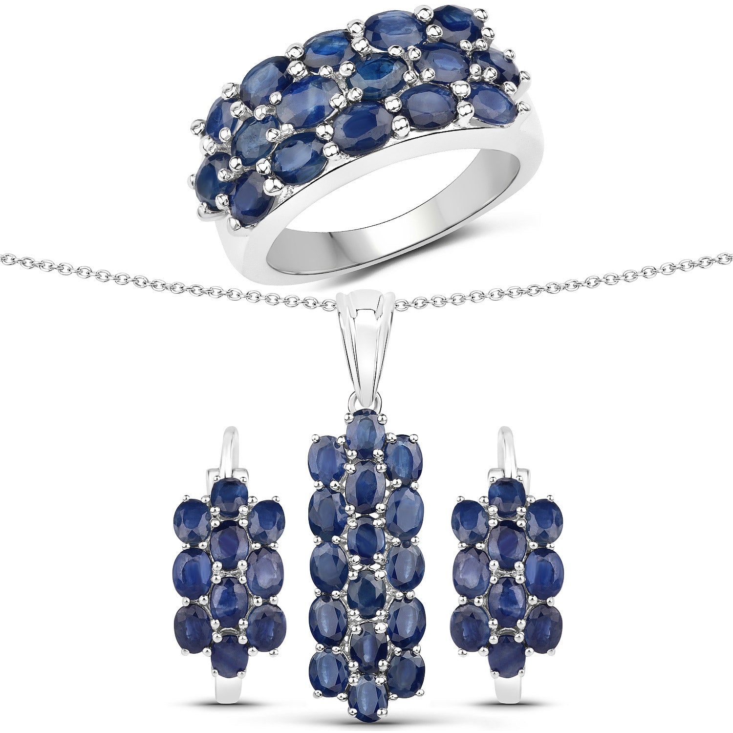 10.40 Carat Genuine Blue Sapphire .925 Sterling Silver 3 Piece Jewelry Set Ring, Earrings, and Pendant w/ Chain on sale at MyriadMart
