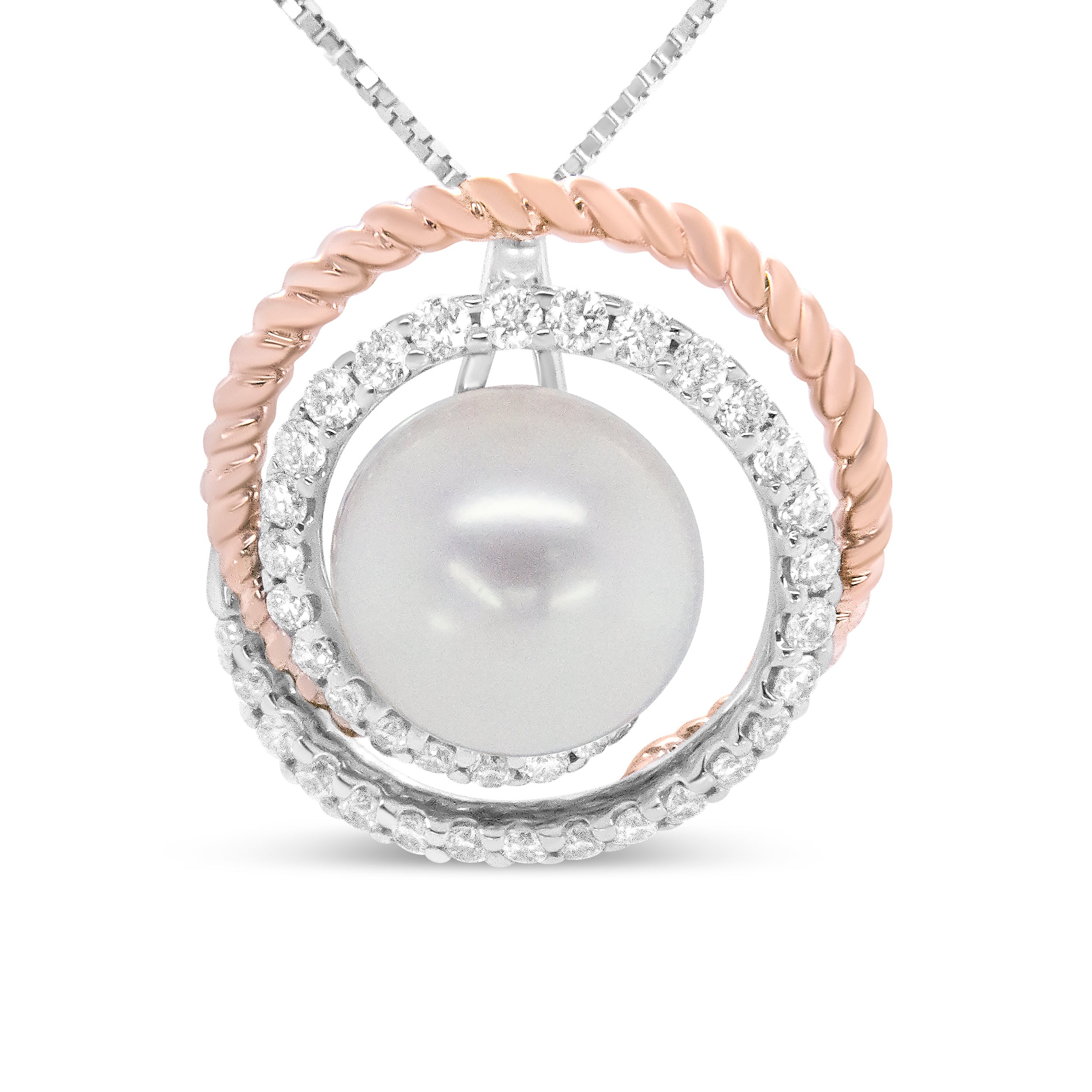 14K Rose and White Gold 3/8 Cttw Pave Diamond and 9mm Round Pearl Spiral Openwork 18" Pendant Necklace- H-I Color, VS1-VS2 Clarity on sale at MyriadMart