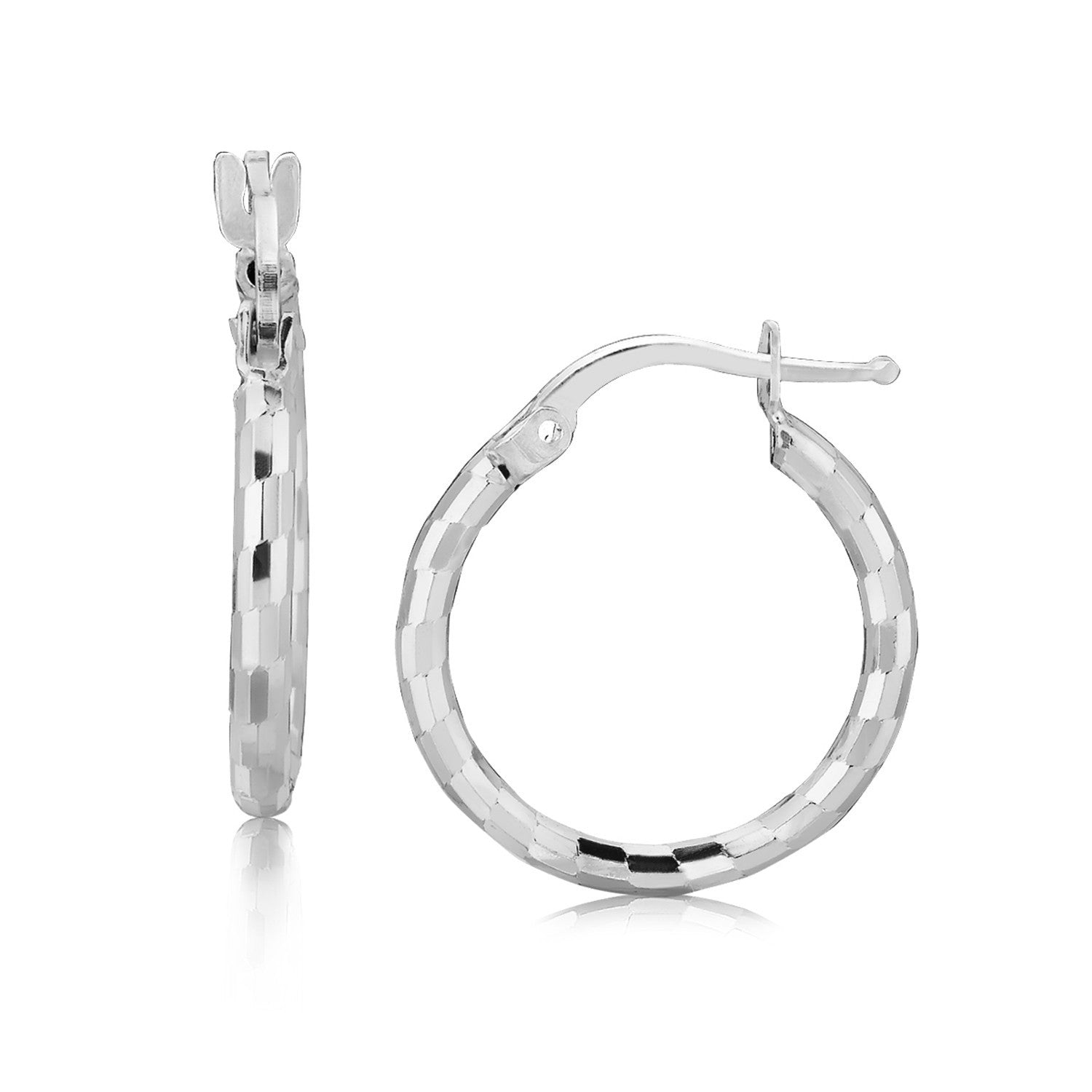 Sterling Silver Rhodium Plated Diamond Cut Small Hoop Earrings 15mm on sale at MyriadMart