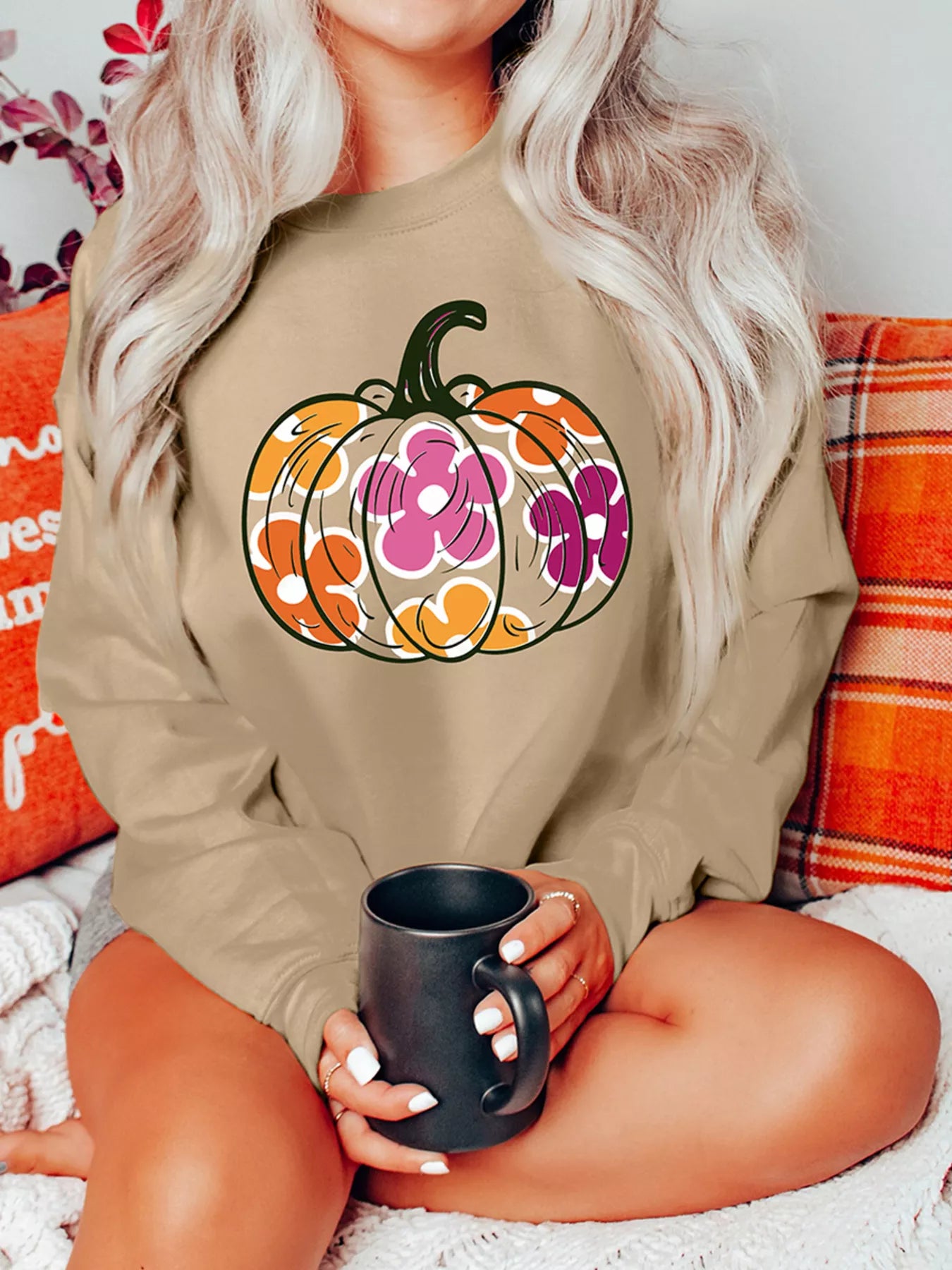 Halloween Floral Pumpkin Graphic Drop Shoulder Sweatshirt - MyriadMart