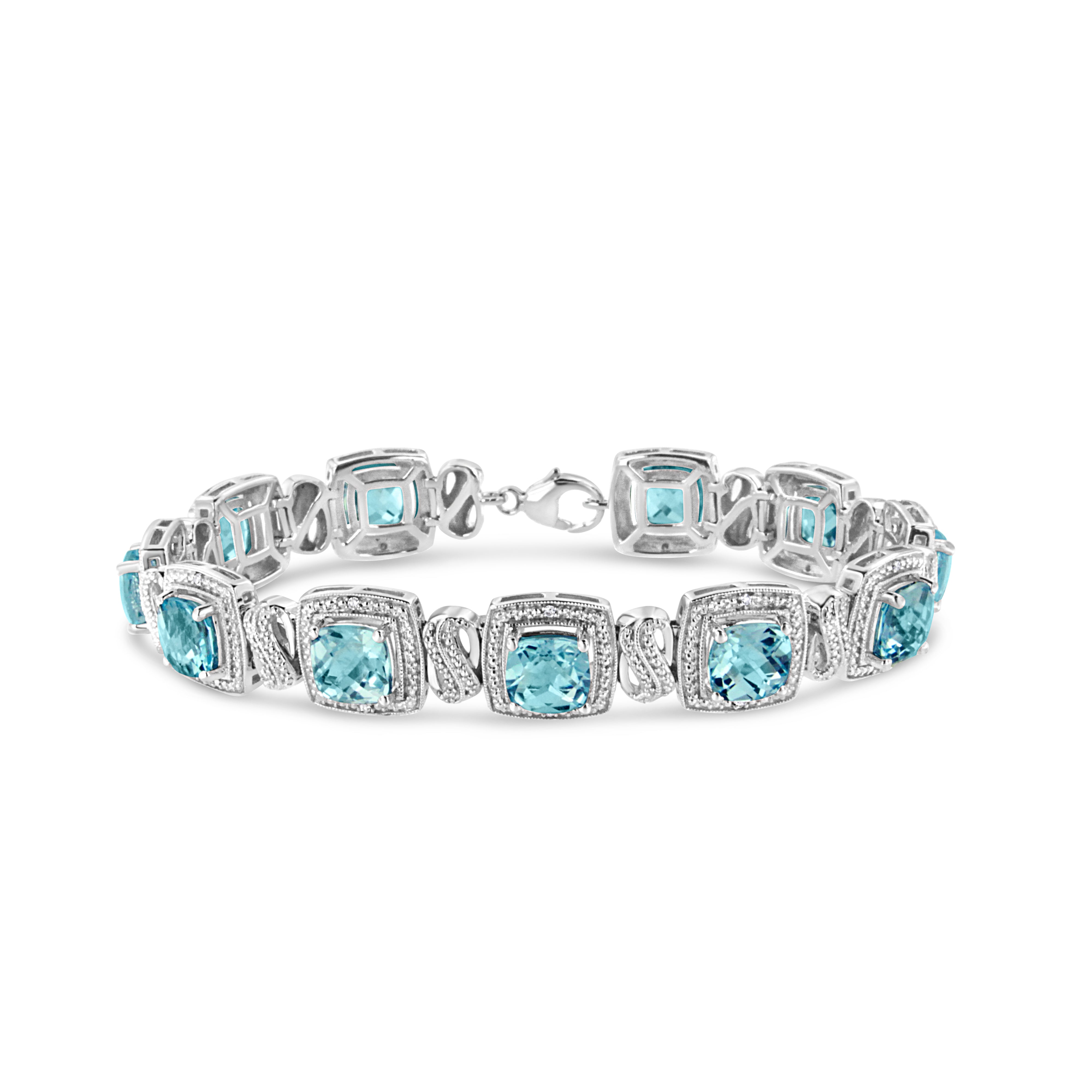 .925 Sterling Silver 7x7 mm Cushion Cut Blue Topaz and 1/10 Ctw Single Cut Diamond Square Shape Tennis Bracelet I-J Color, I1-I2 Clarity - 7" on sale at MyriadMart