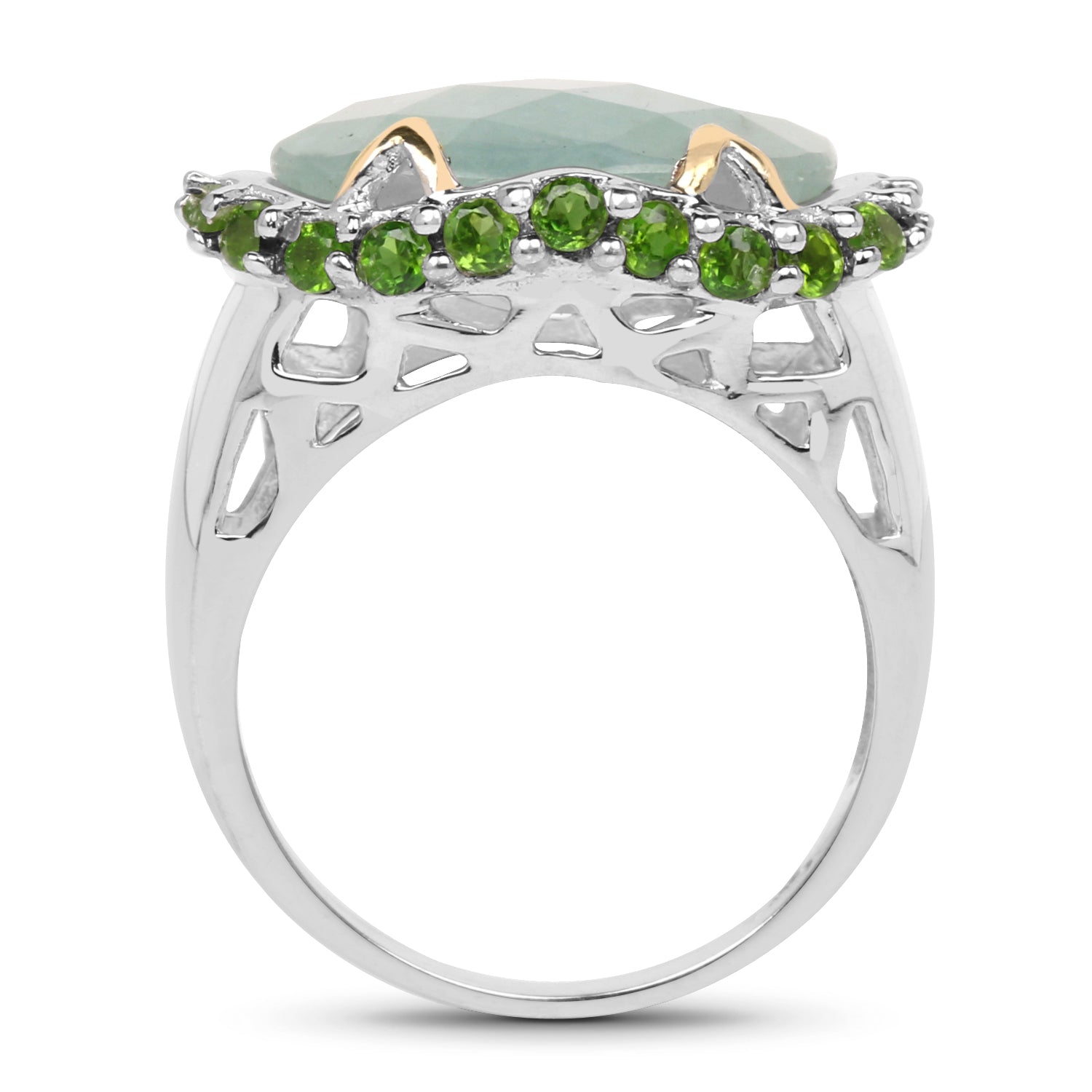 Two Tone Plated 9.12 Carat Genuine Milky Aquamarine and Chrome Diopside .925 Sterling Silver Ring on sale at MyriadMart