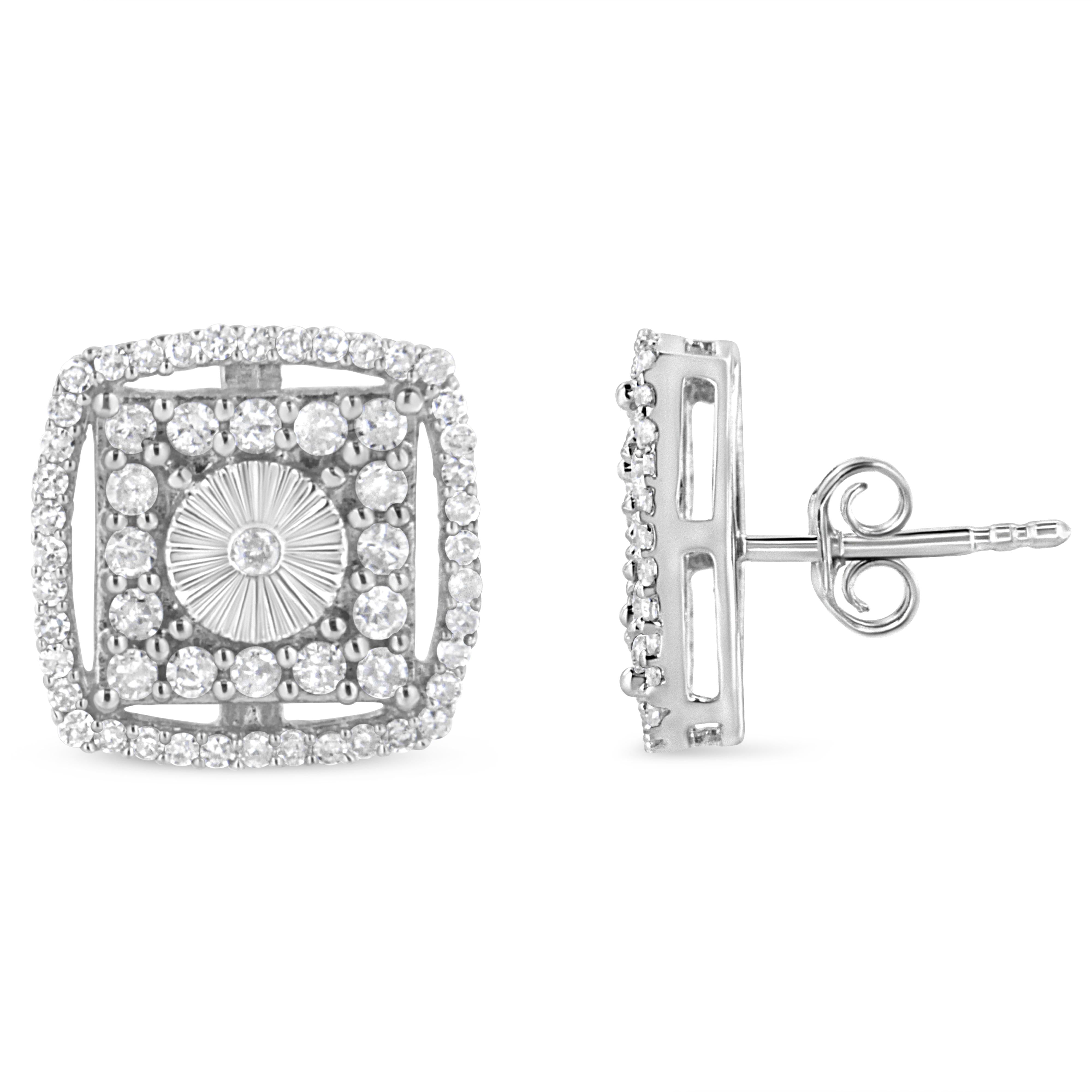 .925 Sterling Silver 1.0 Cttw Round Diamond Double Halo and Disc Stud Earring I-J Color, I2-I3 Clarity on sale at MyriadMart