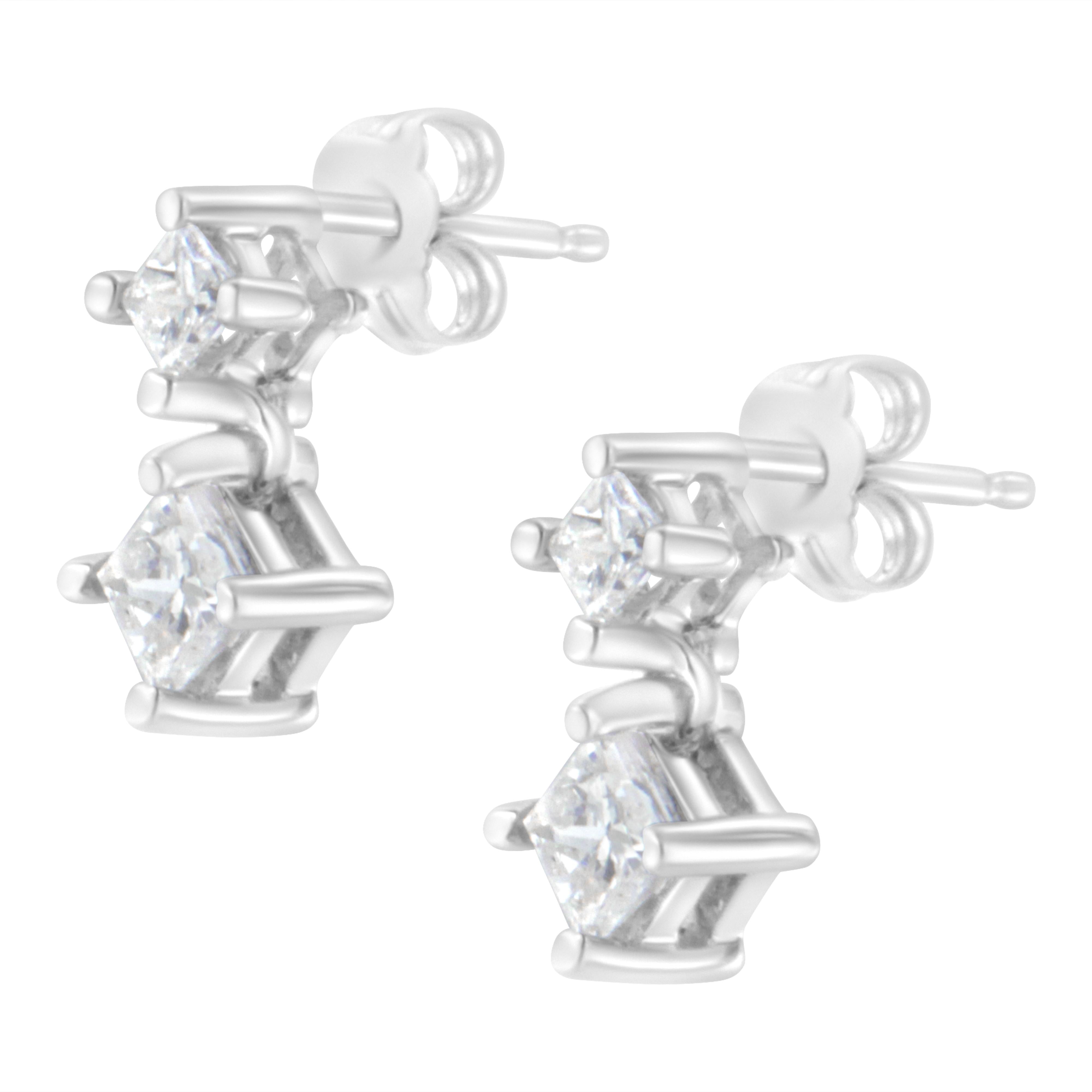 14K White Gold 3/4 cttw Double Diamond Princess-Cut Stud Earrings I-J Clarity, I2-I3 Color on sale at MyriadMart