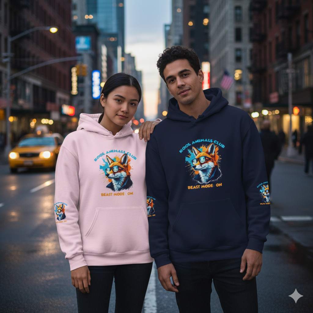 Kool Animals Club Hoodie with Cool Fox in Sunglasses and ‘Beast Mode On’ Design, Unisex Sweatshirt for Animal Lovers, Casual Streetwear, Perfect Gift for Holidays - MyriadMart