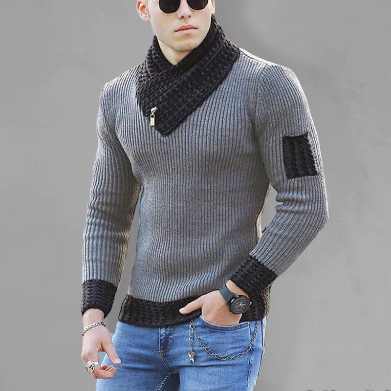 British Plus Size Men's Sweater Pullover Long Sleeve Scarf Turtleneck Men's Knitwear - MyriadMart