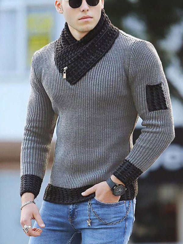 British Plus Size Men's Sweater Pullover Long Sleeve Scarf Turtleneck Men's Knitwear - MyriadMart