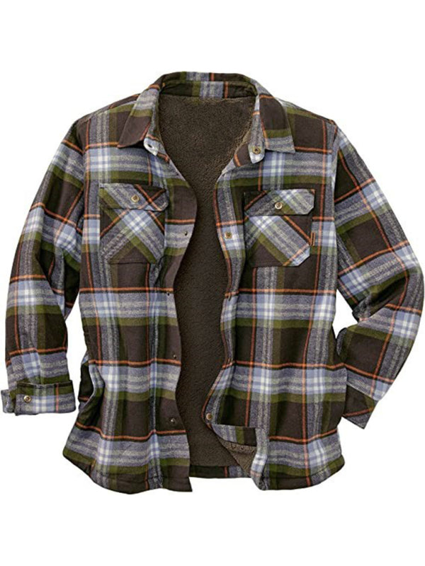 Long Sleeve Lapel Lapel Plaid Fleece Shirt Men's Jacket - MyriadMart