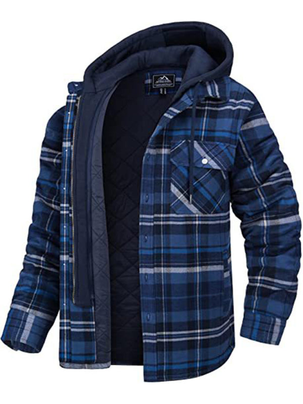 Men casual Thickened Padded Plaid Long Sleeve Loose Hooded Jacket - MyriadMart