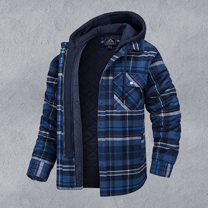 Men casual Thickened Padded Plaid Long Sleeve Loose Hooded Jacket - MyriadMart