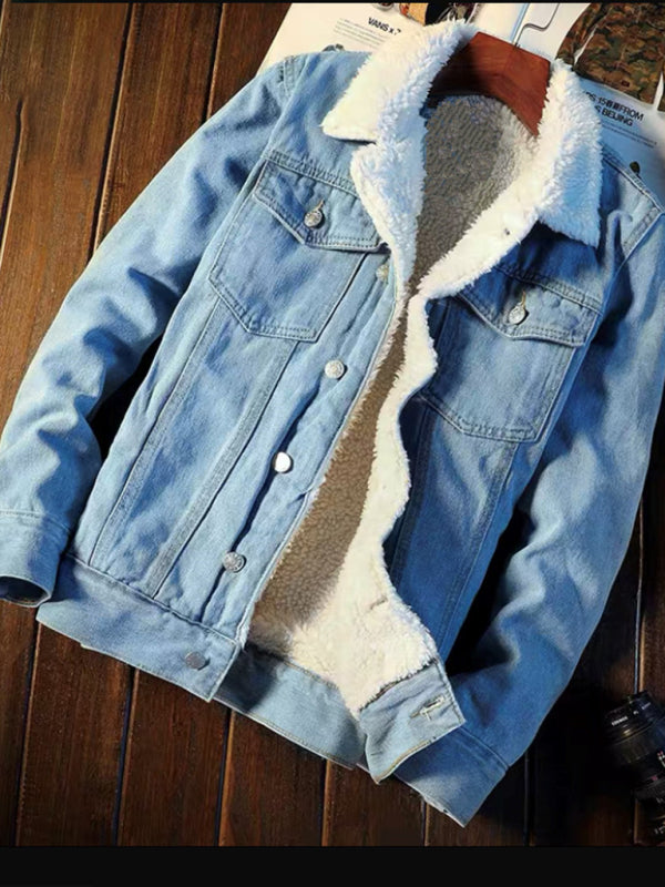 Men's warm sherpa button lapel denim jacket on sale at MyriadMart