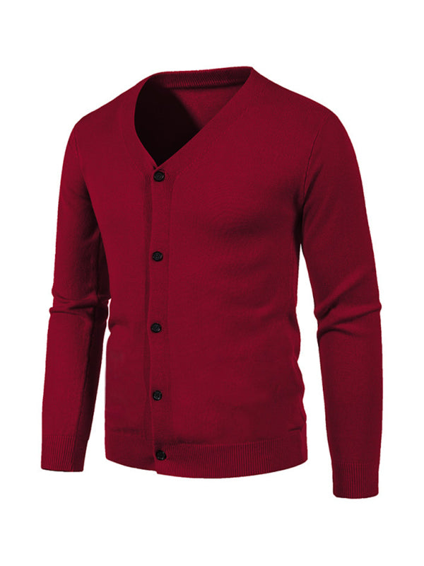 New men's casual solid color V-neck sweater cardigan sweater - MyriadMart