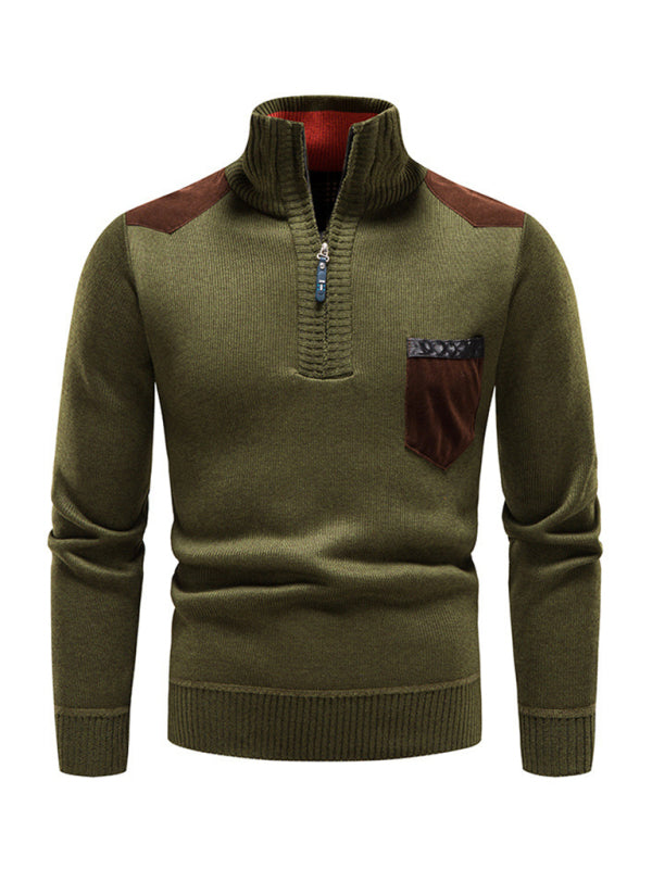 Men's stand-up collar thickened patchwork half-zip lapel sweater pullover sweater - MyriadMart