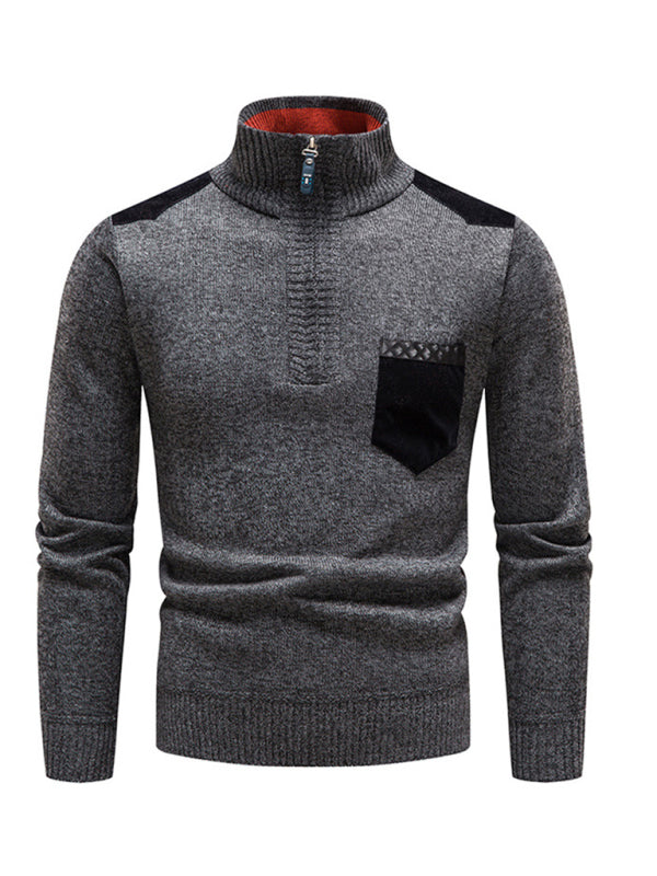 Men's stand-up collar thickened patchwork half-zip lapel sweater pullover sweater - MyriadMart