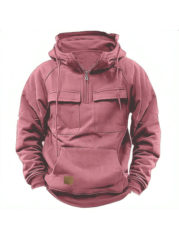 Men's solid color hooded sports multi-pocket sweatshirt jacket on sale at MyriadMart