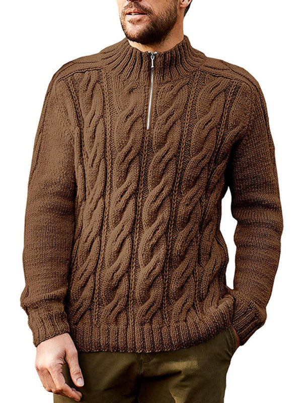 Men's new solid color zipper half turtleneck long sleeve sweater - MyriadMart
