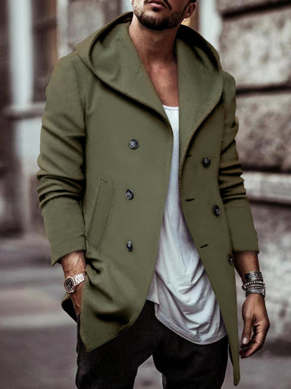 Men's mid-length lapel hooded double-breasted casual trench coat on sale at MyriadMart