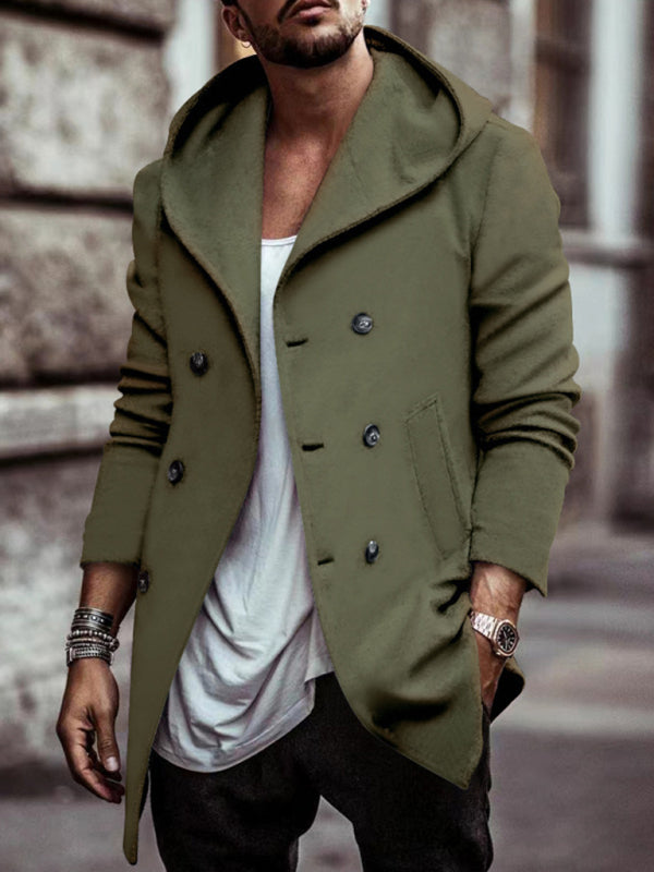 Men's mid-length lapel hooded double-breasted casual trench coat on sale at MyriadMart