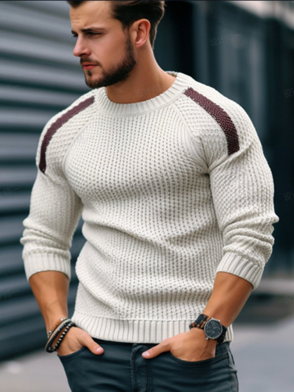 Men's Casual Fashion Shoulder Contrast Color Long Sleeve Knitted Sweater - MyriadMart