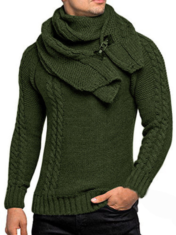 Men's fashionable scarf pullover solid color twist knitted sweater top - MyriadMart