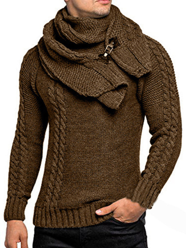 Men's fashionable scarf pullover solid color twist knitted sweater top - MyriadMart