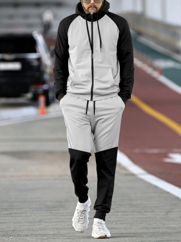 Men's new hooded sweatshirt with contrasting color casual sports suit