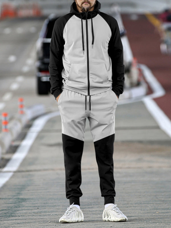 Men's new hooded sweatshirt with contrasting color casual sports suit