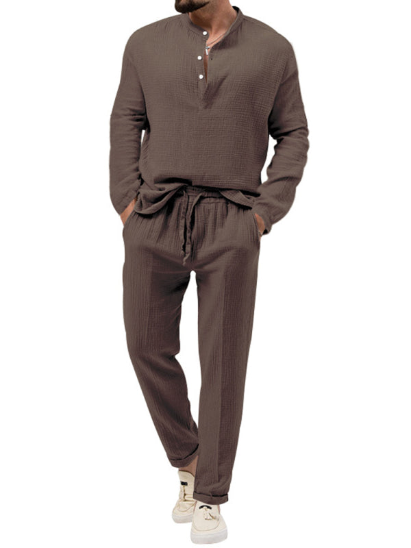 Men's new solid color casual long-sleeved shirt and trousers suit