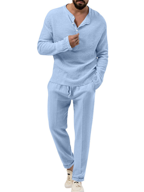 Men's new solid color casual long-sleeved shirt and trousers suit