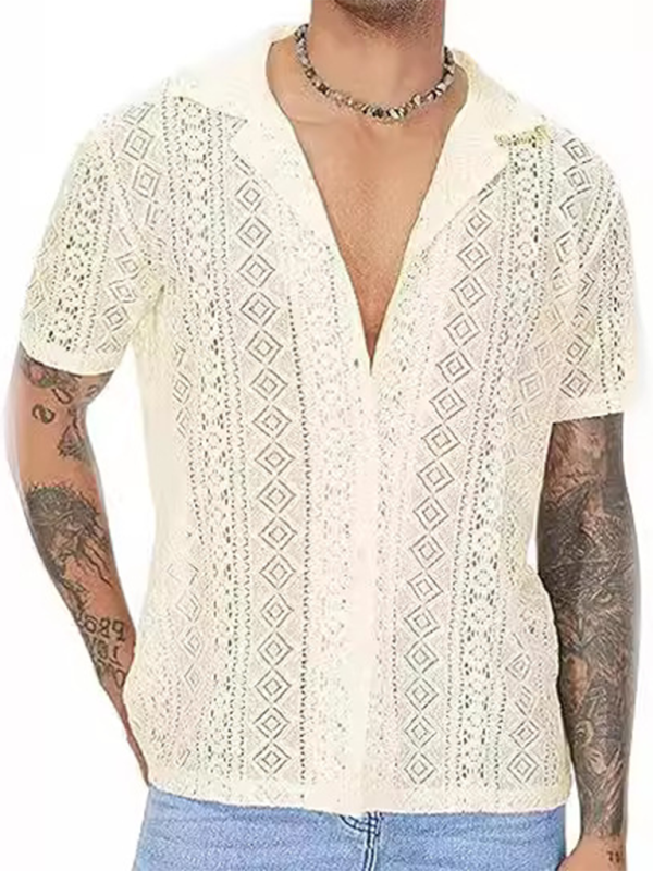 New fashionable lace floral button hollow see-through short-sleeved shirt - MyriadMart