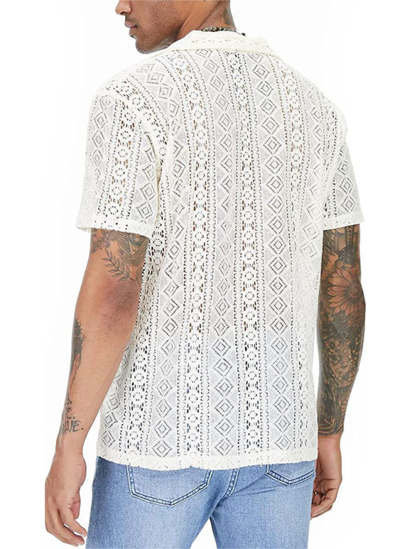 New fashionable lace floral button hollow see-through short-sleeved shirt - MyriadMart