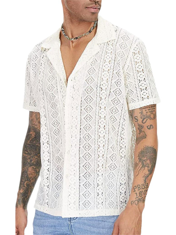 New fashionable lace floral button hollow see-through short-sleeved shirt - MyriadMart