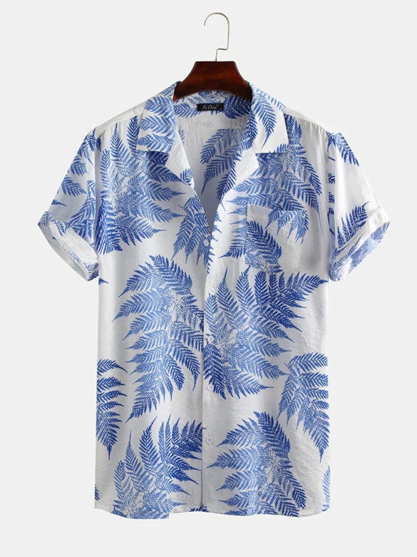 Men's Casual Loose Beach Wear Maple Leaf Print Short Sleeve Shirt - MyriadMart