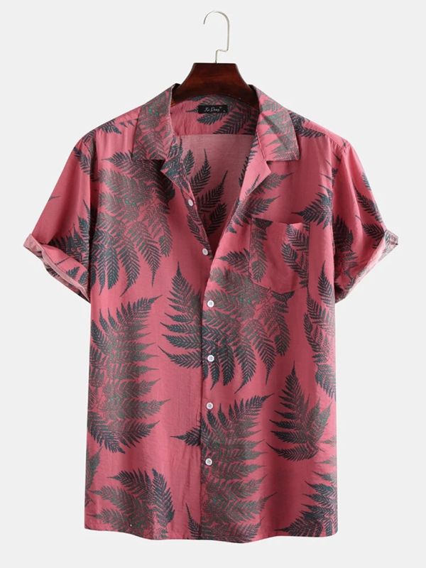 Men's Casual Loose Beach Wear Maple Leaf Print Short Sleeve Shirt - MyriadMart
