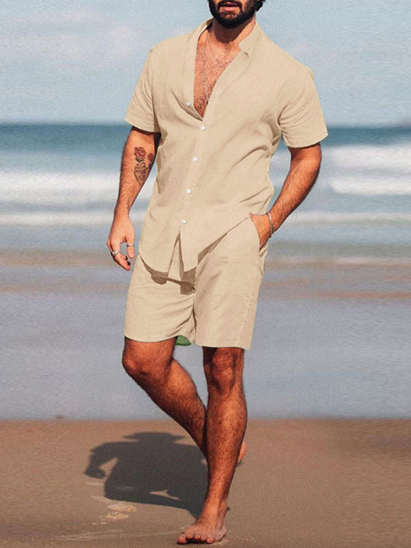 Men's casual home wear loose long-sleeved shorts two-piece set - MyriadMart