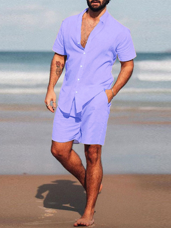 Men's casual home wear loose long-sleeved shorts two-piece set - MyriadMart