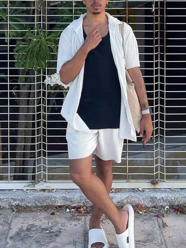 Men's casual loose beachwear solid color striped short-sleeved suit - MyriadMart